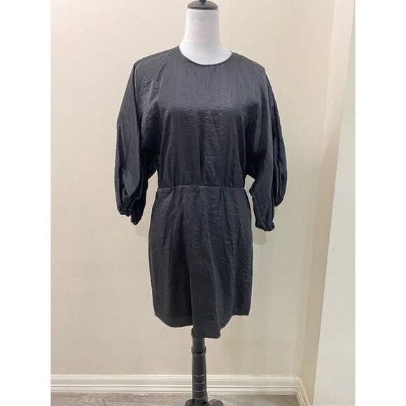 & OTHER STORIES Black Mini Dress Balloon Sleeves Satin Night Out Crewneck HOCO 8 - Picture 6 of 12